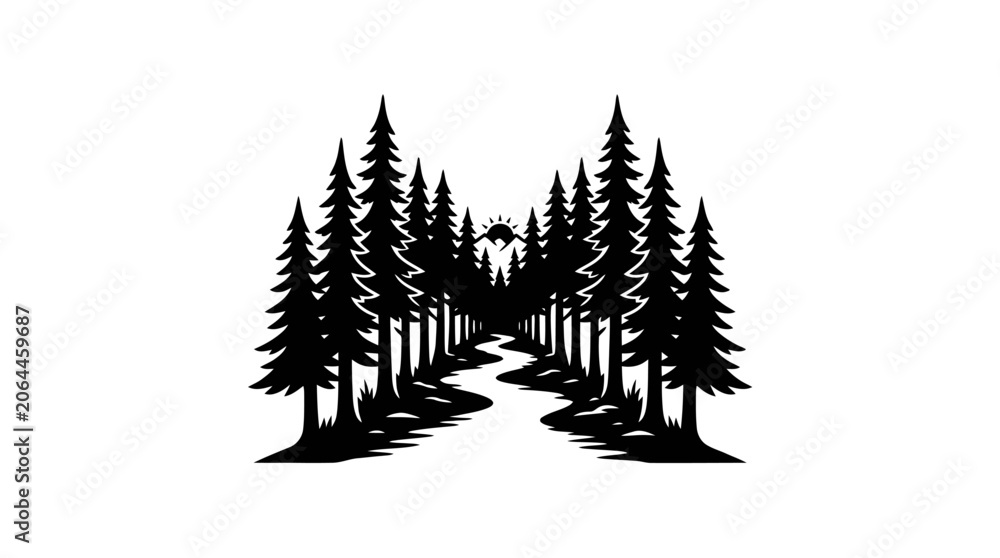 Obraz premium A winding path leads through a symmetrical forest of evergreen trees towards a distant, mysterious silhouette