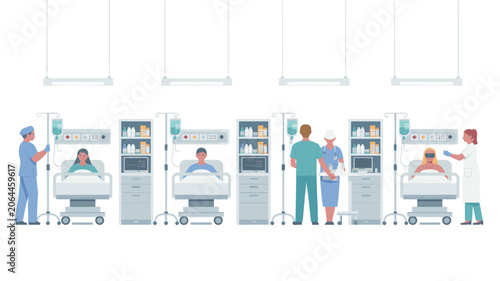 Photos Medical Hospital Ward with Doctors, Nurses, and Patients Vector Illustration