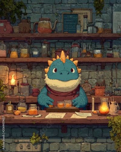 A whimsical magical creature stands behind a potion shop counter, surrounded by colorful bottles and jars, creating a charming atmosphere filled with wonder and curiosity in an enchanting setting.