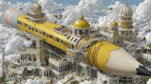 A whimsical representation of a castle built from a giant pencil floating among clouds, merging creativity and fantasy, highlighting imaginative architecture and artistic expression.