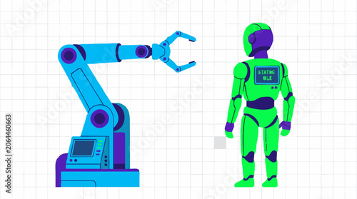 Φωτογραφία Industrial robotic arm and humanoid robot with idle status display