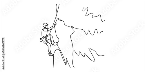 Obraz na plátně One line drawing of a person rock climbing up a steep mountain face with safety