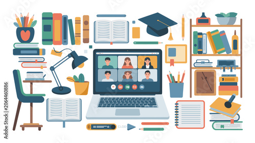 Online Education and Video Conference Flat Vector Illustration Set with Laptop and Books