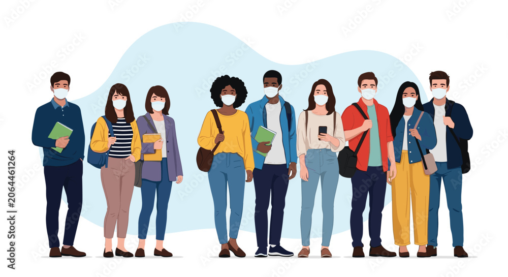 Obraz premium Group of young diverse students wearing medical face masks and carrying backpacks and books while standing together for a safe school day.