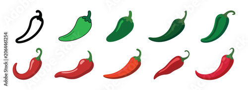 Canvas Print Collection of Chili Pepper Illustrations: A vibrant collection showcasing various stages of ripeness and color of chili peppers, from a simple outline to ripe red and green varieties