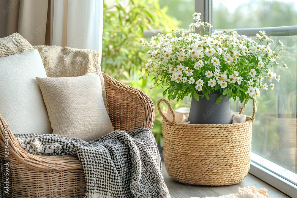 Fototapeta premium Cozy terrace interior with wicker armchair, soft pillows and fresh white daisies in basket