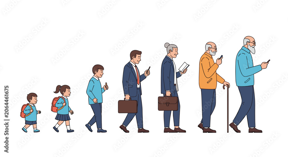 Obraz premium Stages of human life showing a diverse group from childhood to old age all engaged with mobile phone technology.