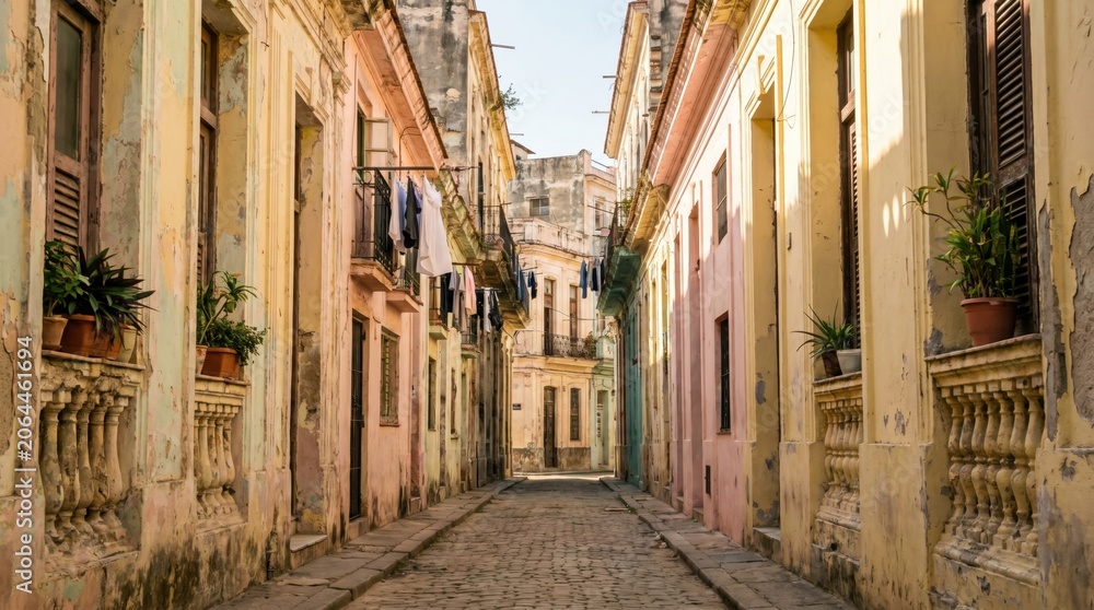 Fototapeta premium Narrow cobblestone street in old Havana, Cuba with balconies