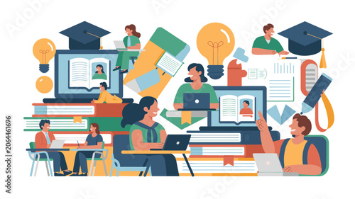 Online Education Learning Student Group Vector Illustration