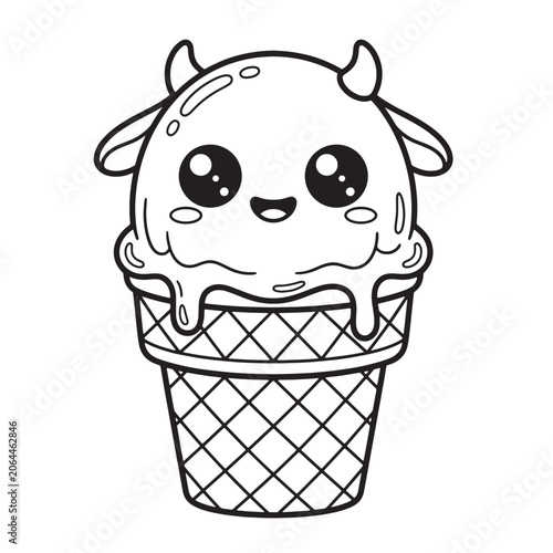 Cute Ice Cream Monster Coloring Page Featuring Kawaii Cartoon Character and Dessert Line Art