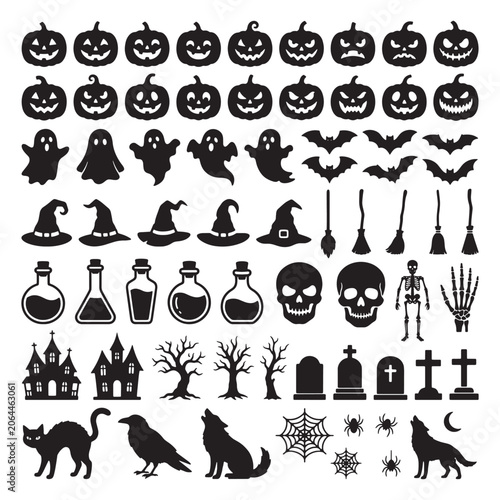 Halloween Silhouette Icon Collection Featuring Pumpkins, Ghosts, Bats, Witch Hats, Potions and Graveyard Elements