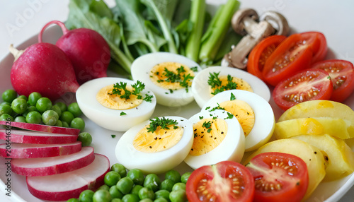  plate of sliced boiled eggs garnished with parsley, surrounded by an assortment of fresh vegetables including red radishes, created with generative ai