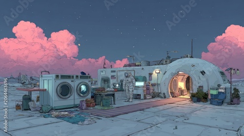 An astronaut stands outside a futuristic habitat on a distant planet, surrounded by equipment and a serene sky filled with fluffy clouds, highlighting the exploration of the beyond and human ingenuit