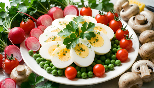  plate of sliced boiled eggs garnished with parsley, surrounded by an assortment of fresh vegetables including red radishes, created with generative ai