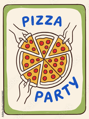 Illustration of pizza party with hands grabbing slices