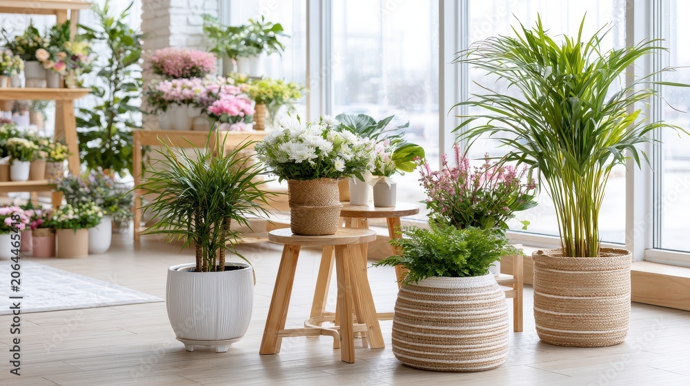 Fototapeta premium Flower shop interior with blooming plants and bouquets, floral retail business and decorative lifestyle concept.