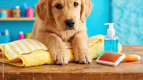 Slow zoomin of golden retriever puppy leaning on towel with grooming brush on wooden table in bright bathroom calm indoor morning pet care scene