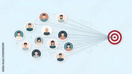 a network of profile pictures, interconnected with thin lines, leading to a prominent red target icon, created with generative ai