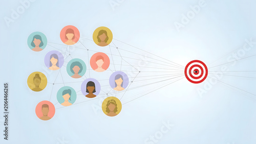 a network of profile pictures, interconnected with thin lines, leading to a prominent red target icon, created with generative ai
