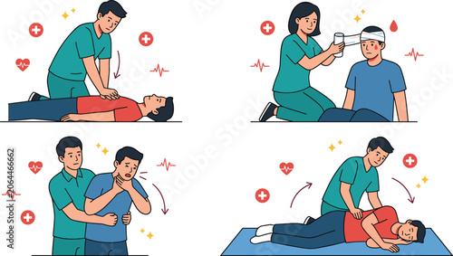 Bild auf Leinwand First Aid and Emergency Medical Procedure Character Set with CPR Chest Compressi