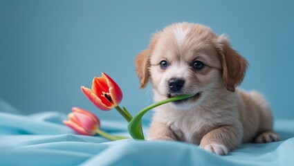 Cute puppy with light brown fur playfully holding a green stem of tulips in its mouth, resting on a soft blue fabric background
