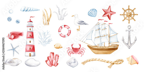 Watercolor nautical clipart set with lighthouse, sailing ship, anchor, starfish, seashells, coral, seagull, fish, rope and marine elements. Hand drawn coastal illustrations isolated on white.