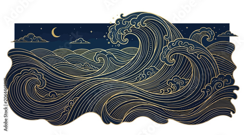 Quadro su tela Japanese style golden wave illustration with moon and stars