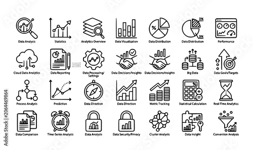 Minimal Thin Line Data Analysis Statistics and Analytics Web Icon Set Outline Vector Collection