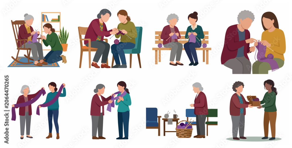 Fototapeta premium Senior and young women knitting together, intergenerational hobby and companionship vector illustration set