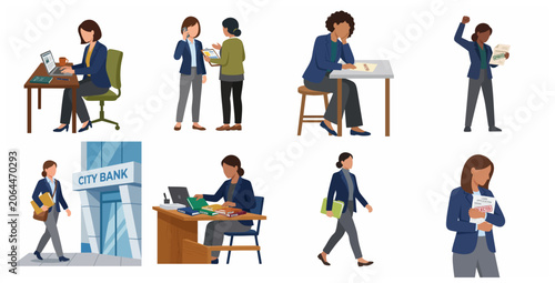 Businesswoman Loan Application Process Illustration Set showing Bank Visit, Approval, and Rejection