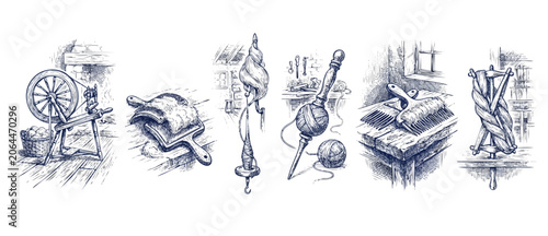 Photography Vintage spinning wheel wool tools hand-drawn set illustrating traditional yarn m