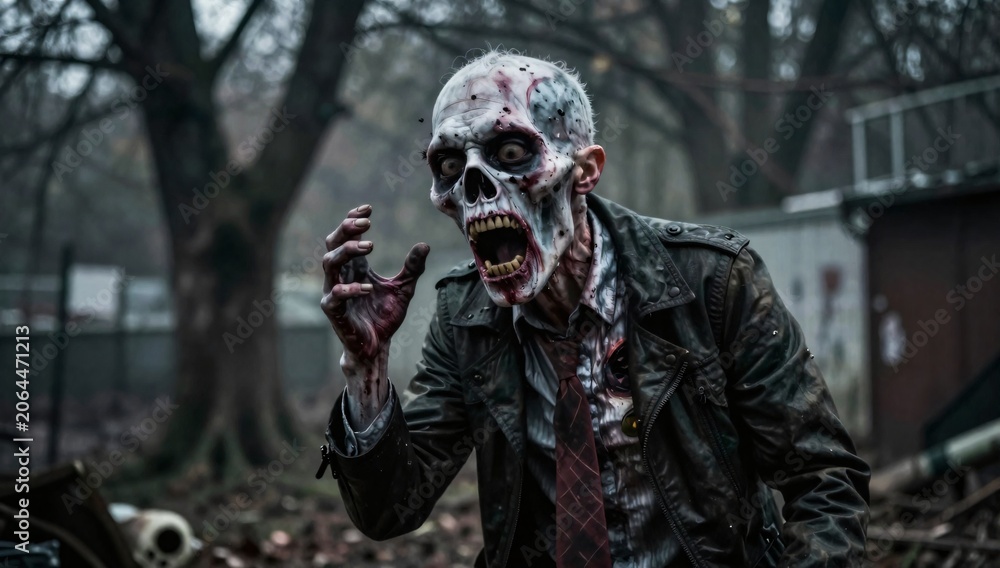 Naklejka premium Terrifying zombie with outstretched hand stalks through a blighted landscape