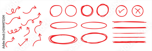Bright red scribble ovals circle and highlight. Hand-drawn pen line highlight set. Collection of different brushstrokes, underline, arrow, check mark emphasis. Round oval scribble frame.