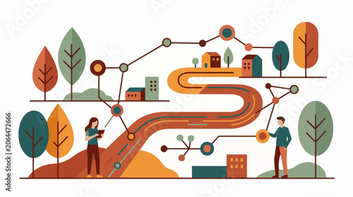 A stylized illustration of people interacting with a winding road and various elements