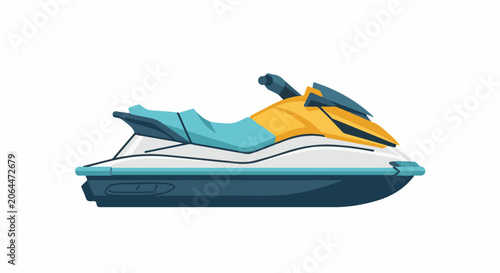 A vibrant illustration of a jet ski with a predominantly white base, accented with yellow and blue