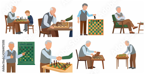 Canvas Print Senior Man Playing and Teaching Chess Set