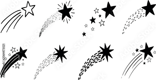 Shooting Star Trail Collection, Hand Drawn Comet and Sparkle Vector Illustration Set