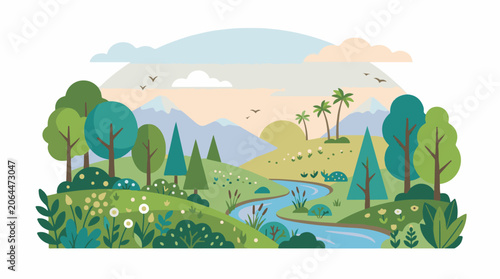 A serene landscape with a winding river, trees, and flowers (3)