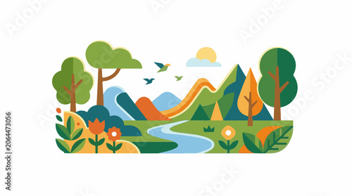 A serene landscape with a winding river, mountains, trees, and flowers under a sunny sky