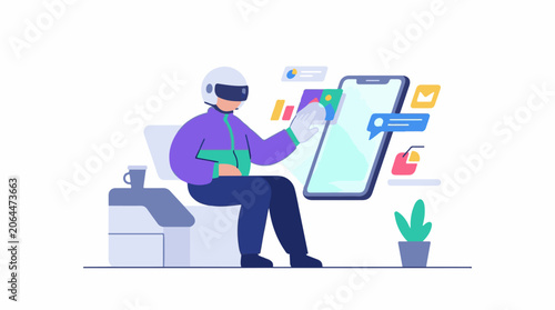 A person in VR headset interacting with floating phone icons in a room