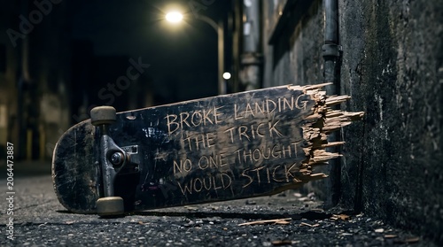 Broken wooden skateboard lying in a dark gritty urban alleyway at night with the motivational quote Broke landing the trick no one thought would stick etched onto its surface
