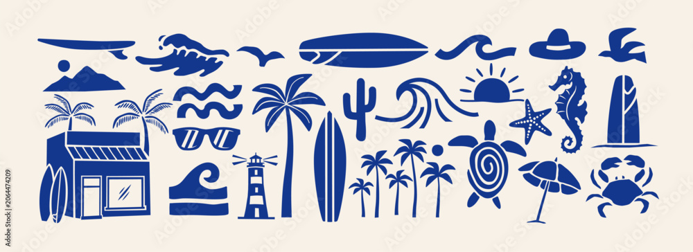 Obraz premium Tropical surf icon vector set with palm trees, waves, surfboards and beach elements. Minimal coastal illustrations perfect for summer branding, apparel and travel designs.