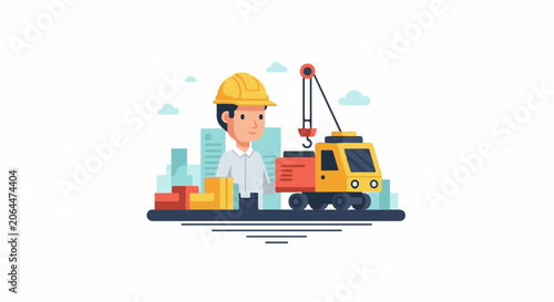 A construction worker in a yellow hard hat standing next to a crane and blocks