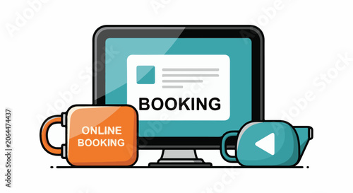 A computer monitor displays a booking page with a mug and a video play button