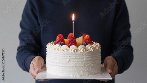Person is holding a birthday cake with strawberries, blueberries and a lit candle