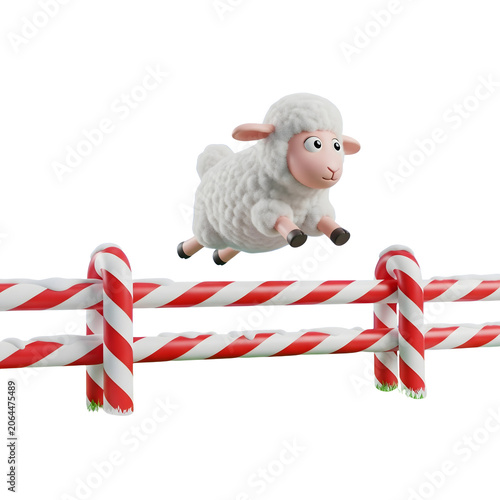 Fluffy cartoon sheep jumping over a red and white candy cane fence