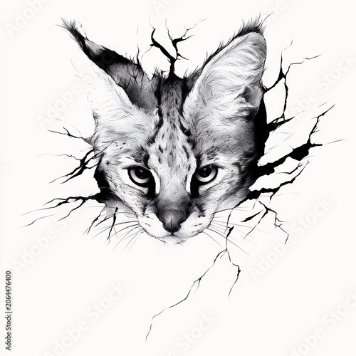 Serval cat head breaking through a cracked white wall, 3D effect black and white illustration, wild animal decal design.