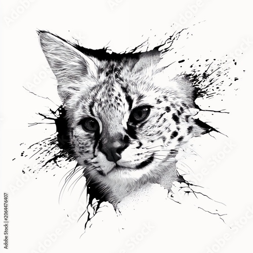 Serval cat head breaking through a cracked white wall, 3D effect black and white illustration, wild animal decal design.