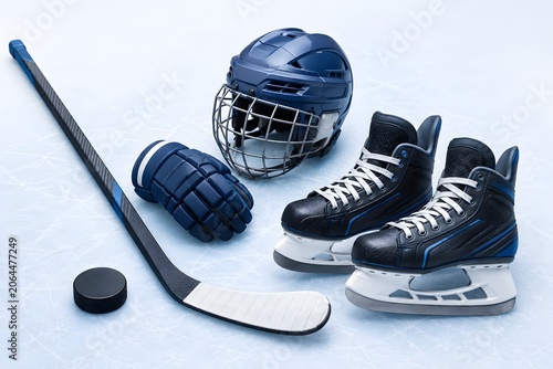 Sports hockey equipment with skates helmet stick puck and glove on ice rink