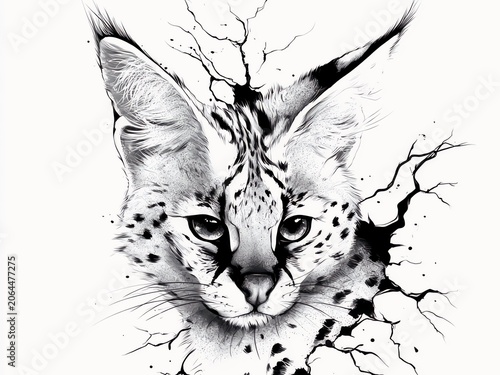 Serval cat head breaking through a cracked white wall, 3D effect black and white illustration, wild animal decal design.